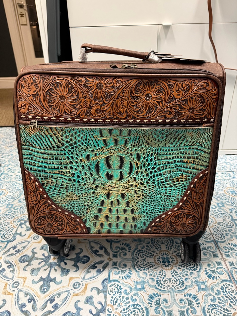 American Darling Turquoise and Brown Embossed Travel Rolling small Suitcase